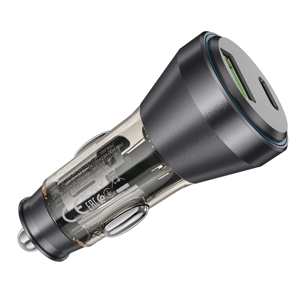 Автомобильний зарядний пристрій Hoco NZ12B USB/ Type-C PD 48W с дисплеем transparent, чорний | зарядка, зарядное устройство