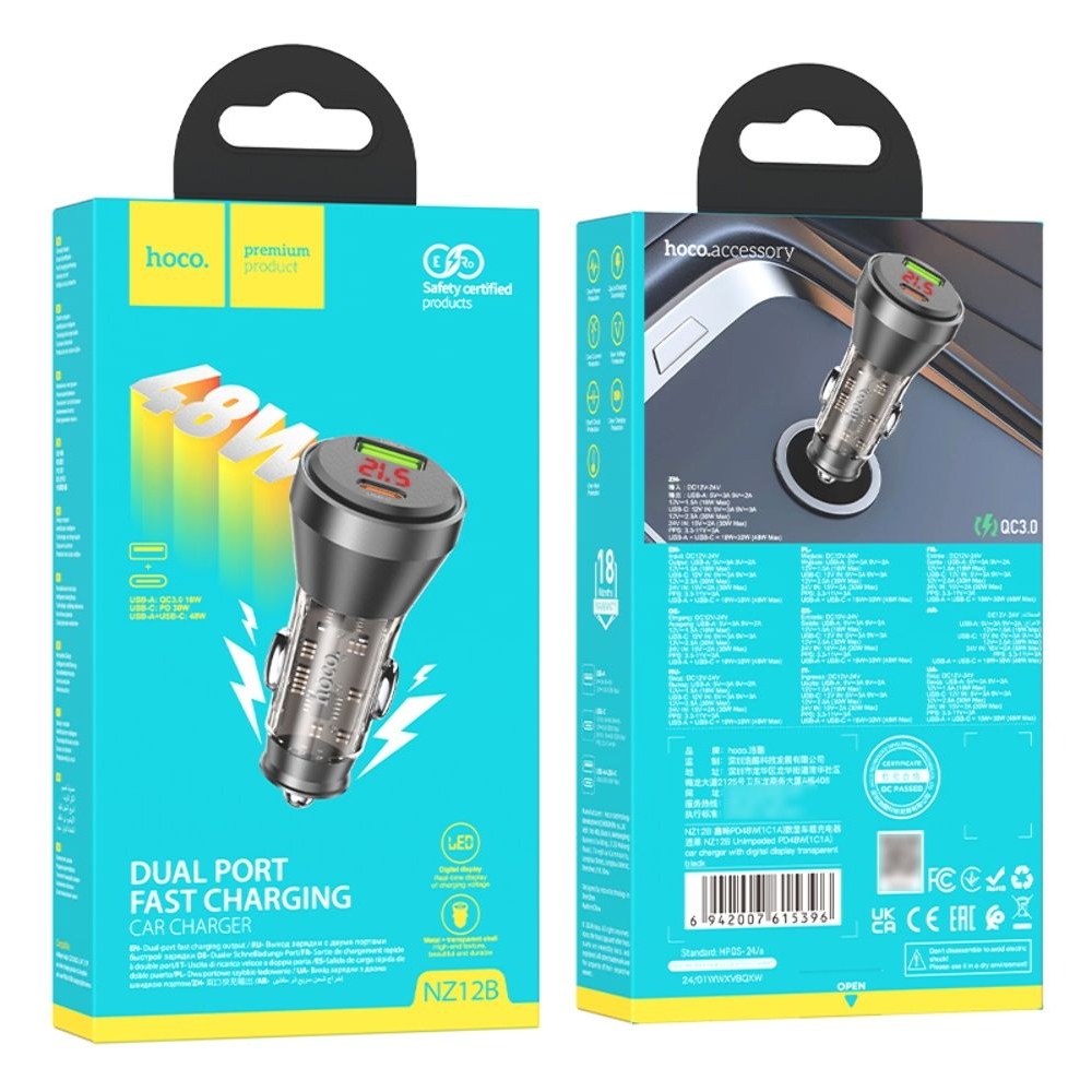 Автомобильний зарядний пристрій Hoco NZ12B USB/ Type-C PD 48W с дисплеем transparent, чорний | зарядка, зарядное устройство