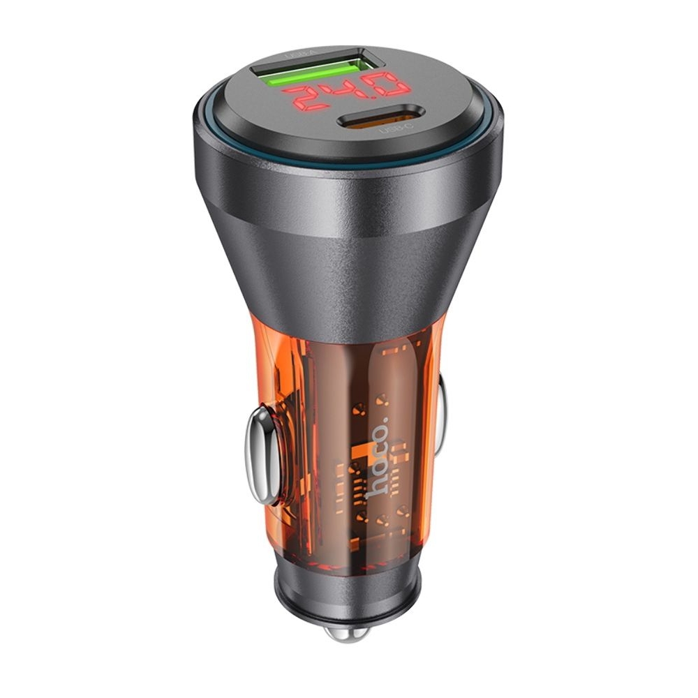 Автомобильний зарядний пристрій Hoco NZ12B USB/ Type-C PD 48W с дисплеем transparent orange | зарядка, зарядное устройство