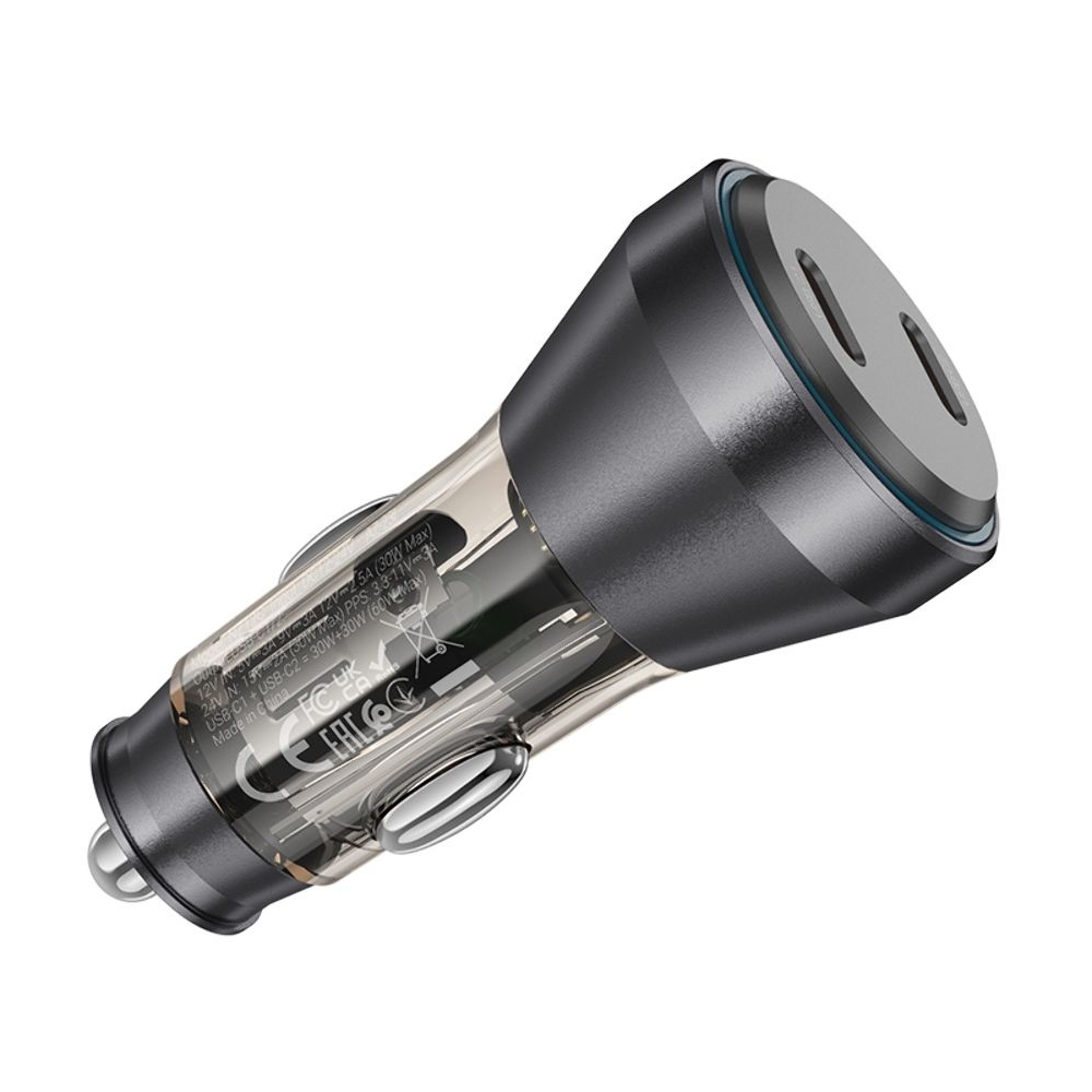 Автомобильний зарядний пристрій Hoco NZ12C 2 Type-C PD 60W с дисплеем transparent, чорний | зарядка, зарядное устройство