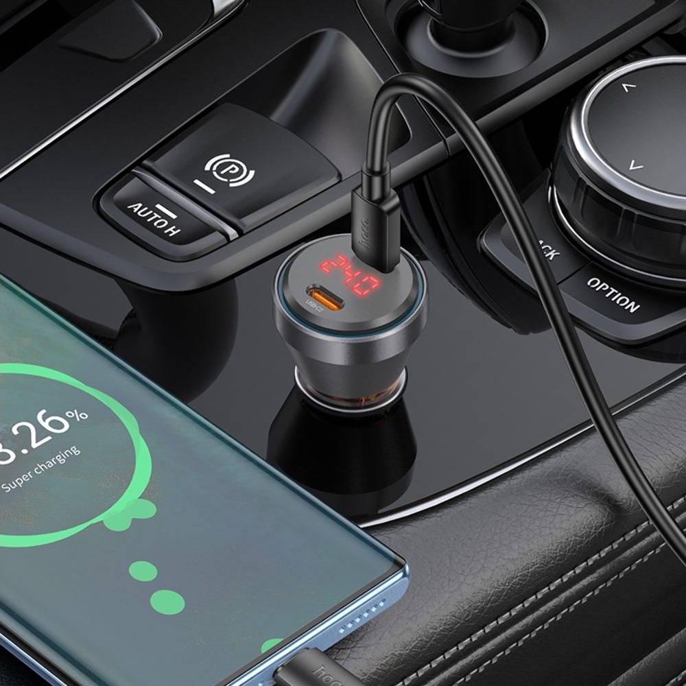 Автомобильний зарядний пристрій Hoco NZ12C 2 Type-C PD 60W с дисплеем transparent orange | зарядка, зарядное устройство