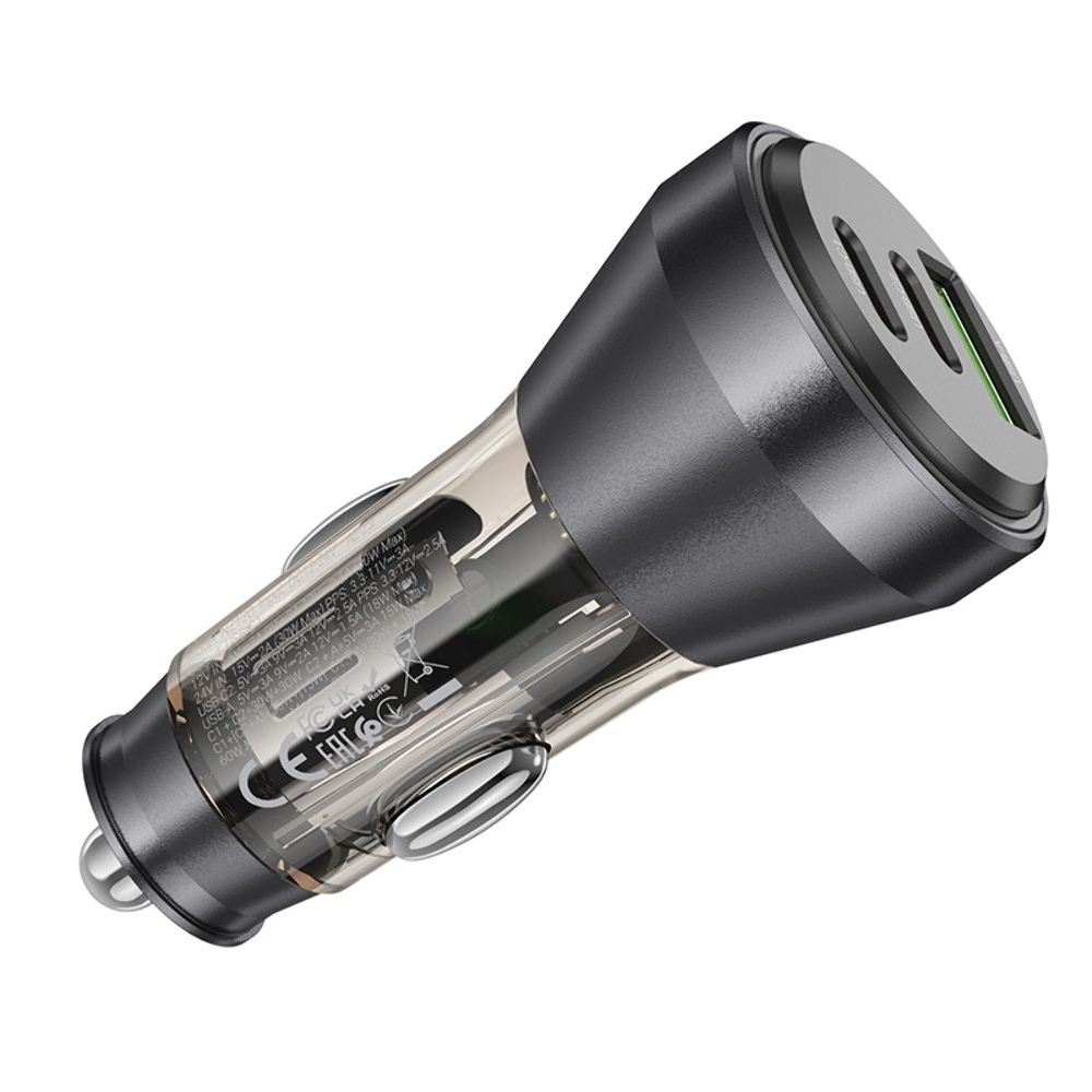 Автомобильний зарядний пристрій Hoco NZ12D, 1 USB, 2 Type-C, PD 60W transparent, чорний | зарядка, зарядное устройство