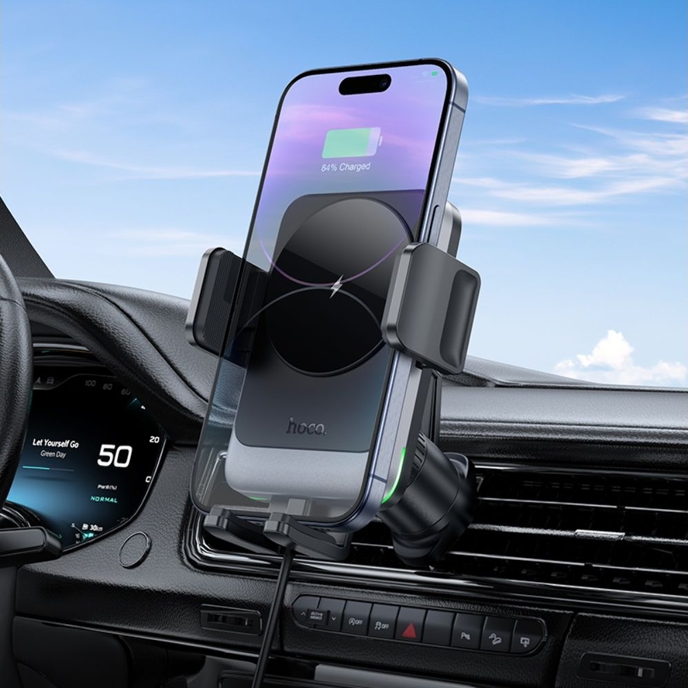 Автодержатель Hoco HW13, с функцией беспроводной зарядки, чорний metal, сірий