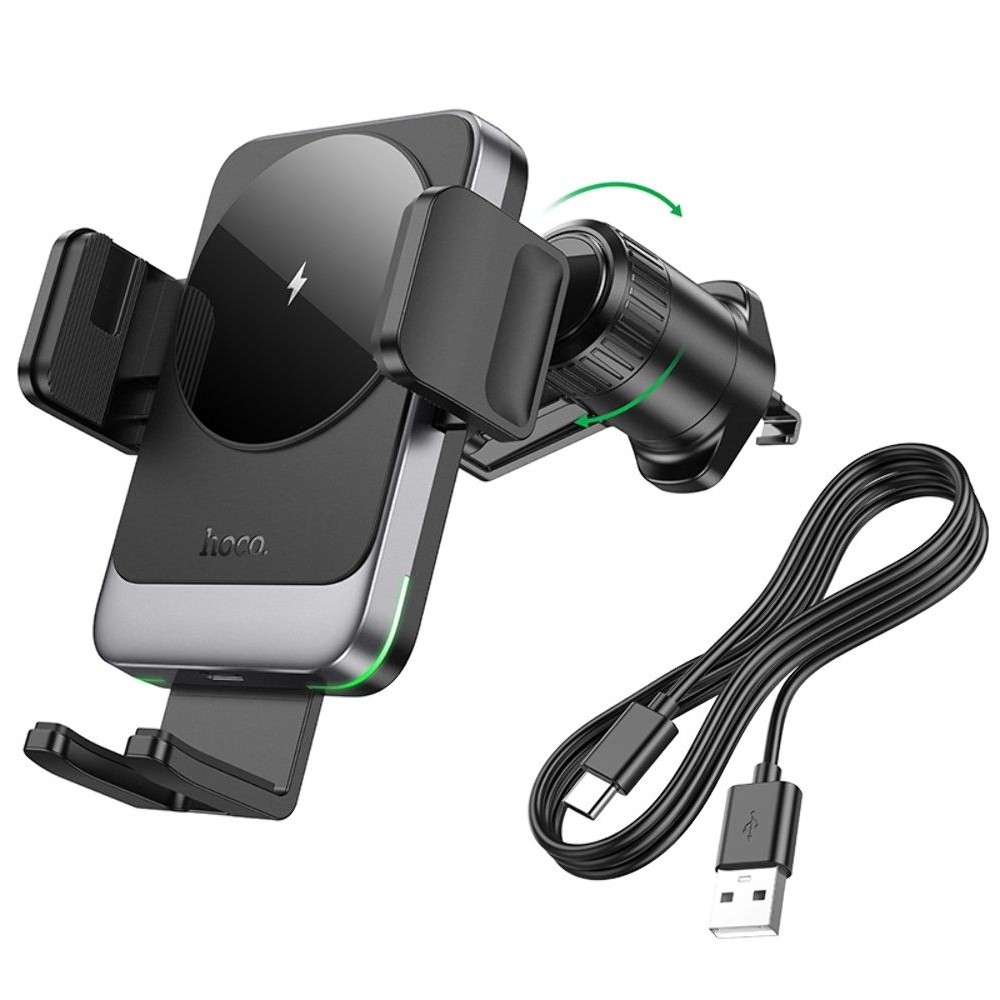 Автодержатель Hoco HW13, с функцией беспроводной зарядки, чорний metal, сірий