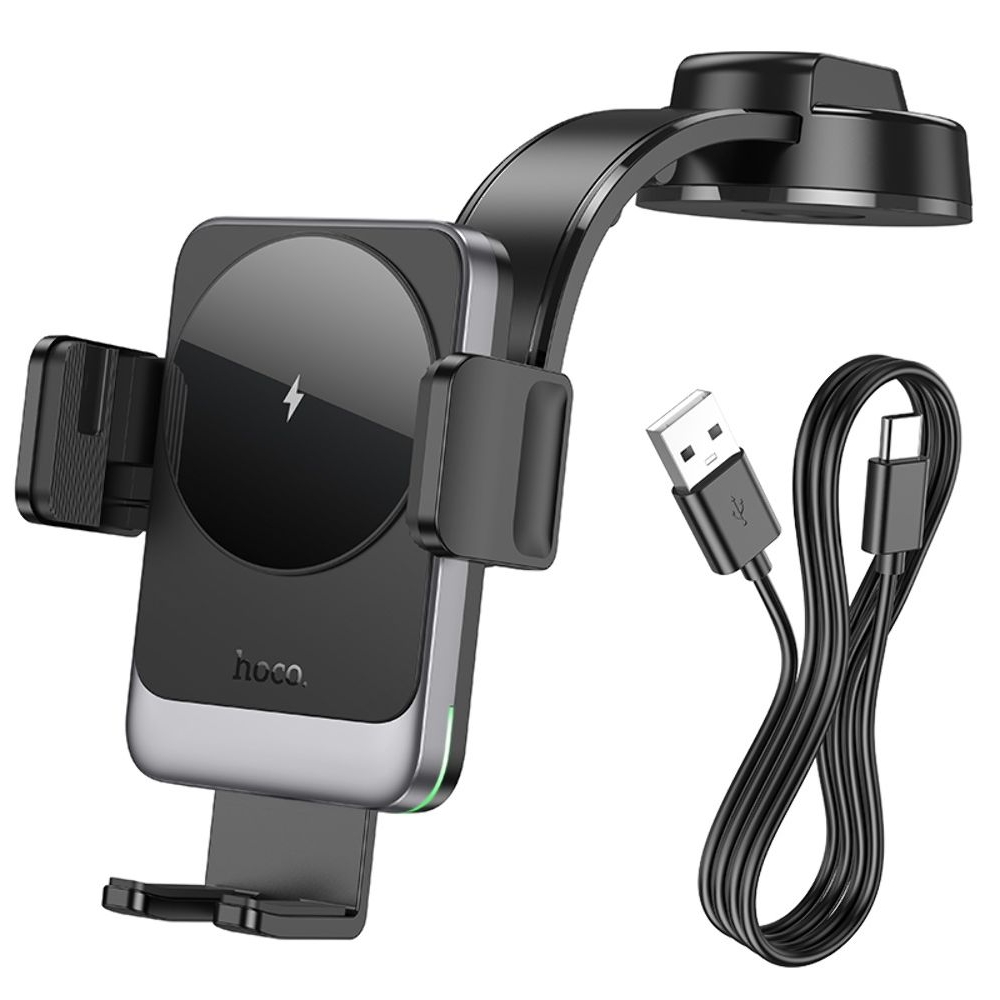 Автодержатель Hoco HW14, с функцией беспроводной зарядки, чорний metal, сірий