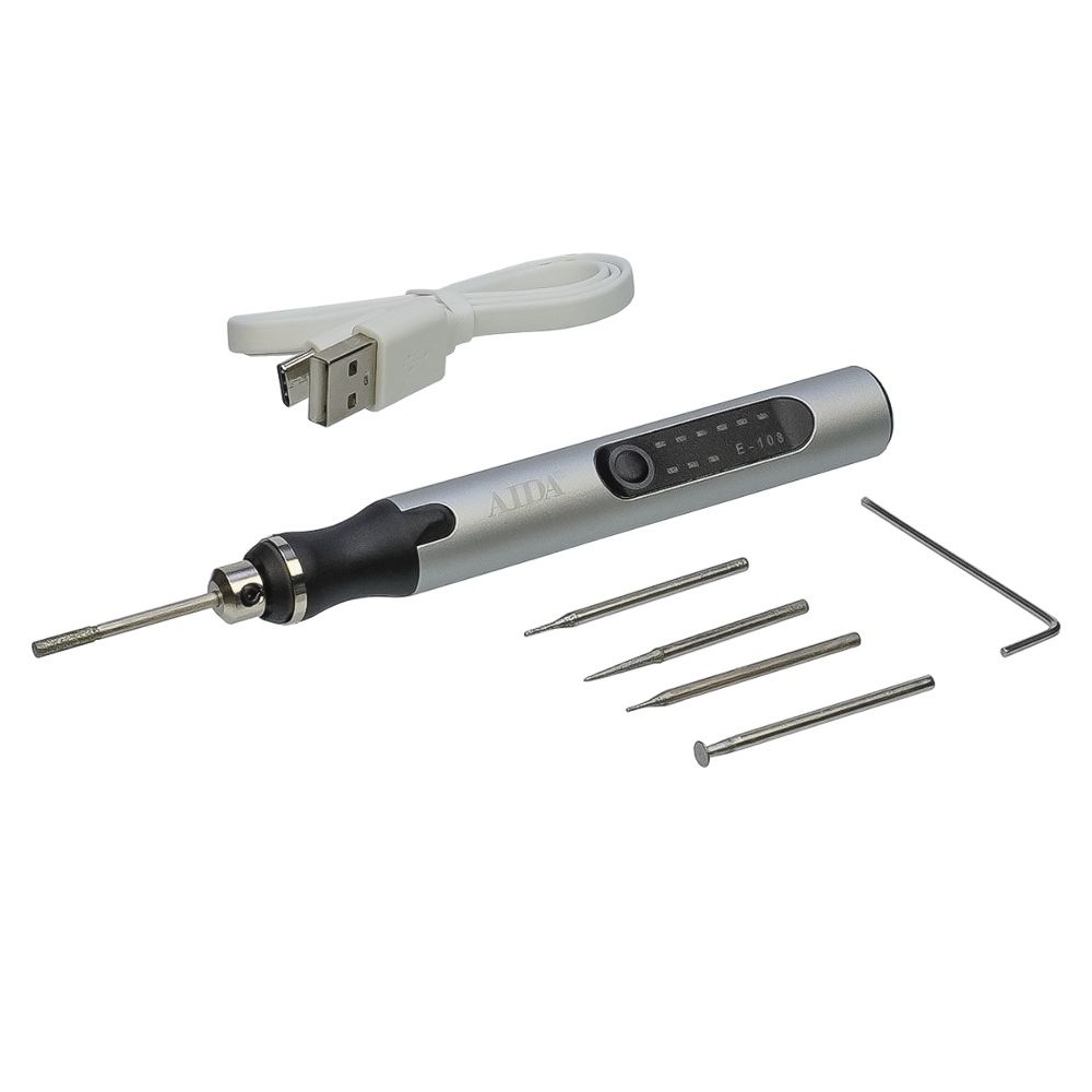 Бормашинка аккумуляторная Aida E-108 (набор насадок для гравировки, шлифовки, полировки, 3 скорости работы)