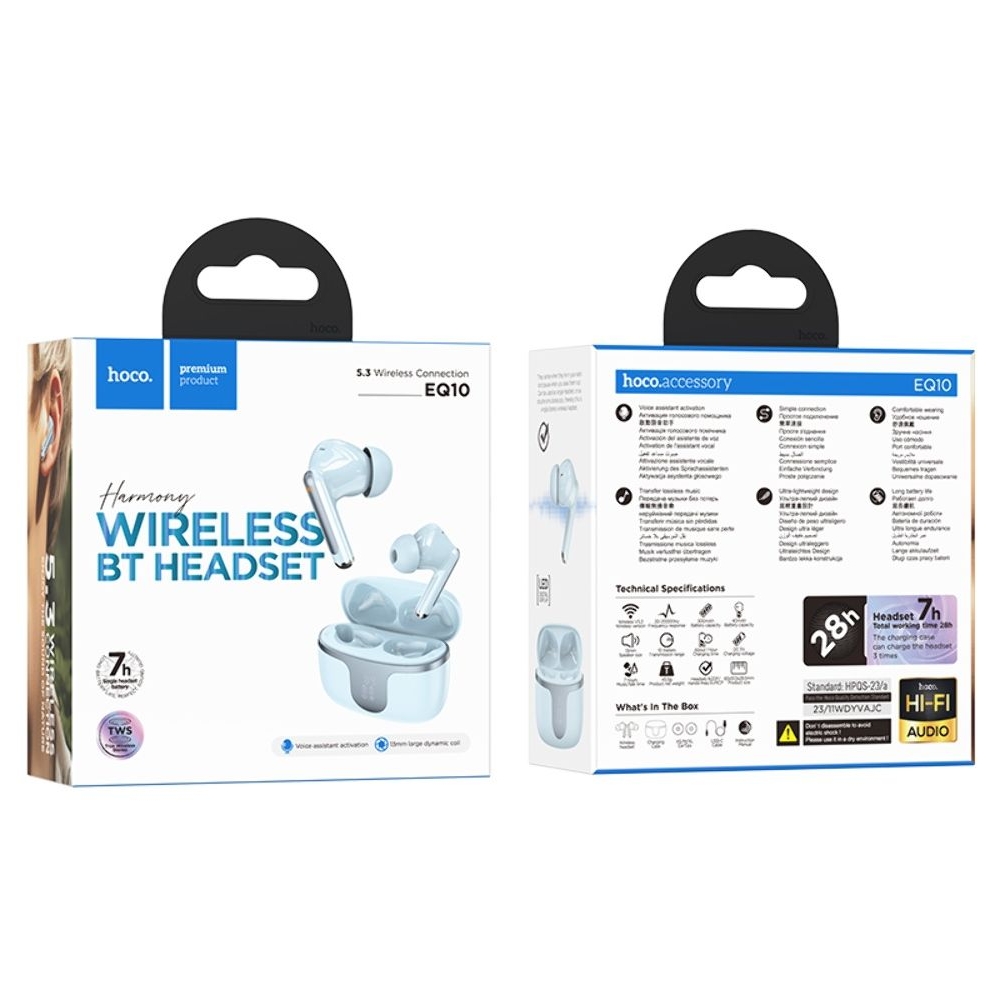 Наушники беспроводные вакуумные Hoco EQ10 TWS, синие