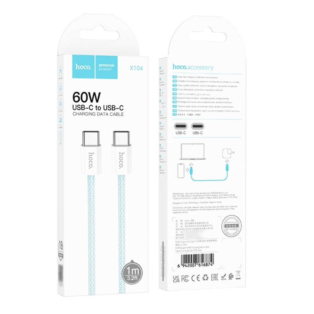 Кабель Hoco X104 Type-C на Type-C PD 60W 1m, синяя