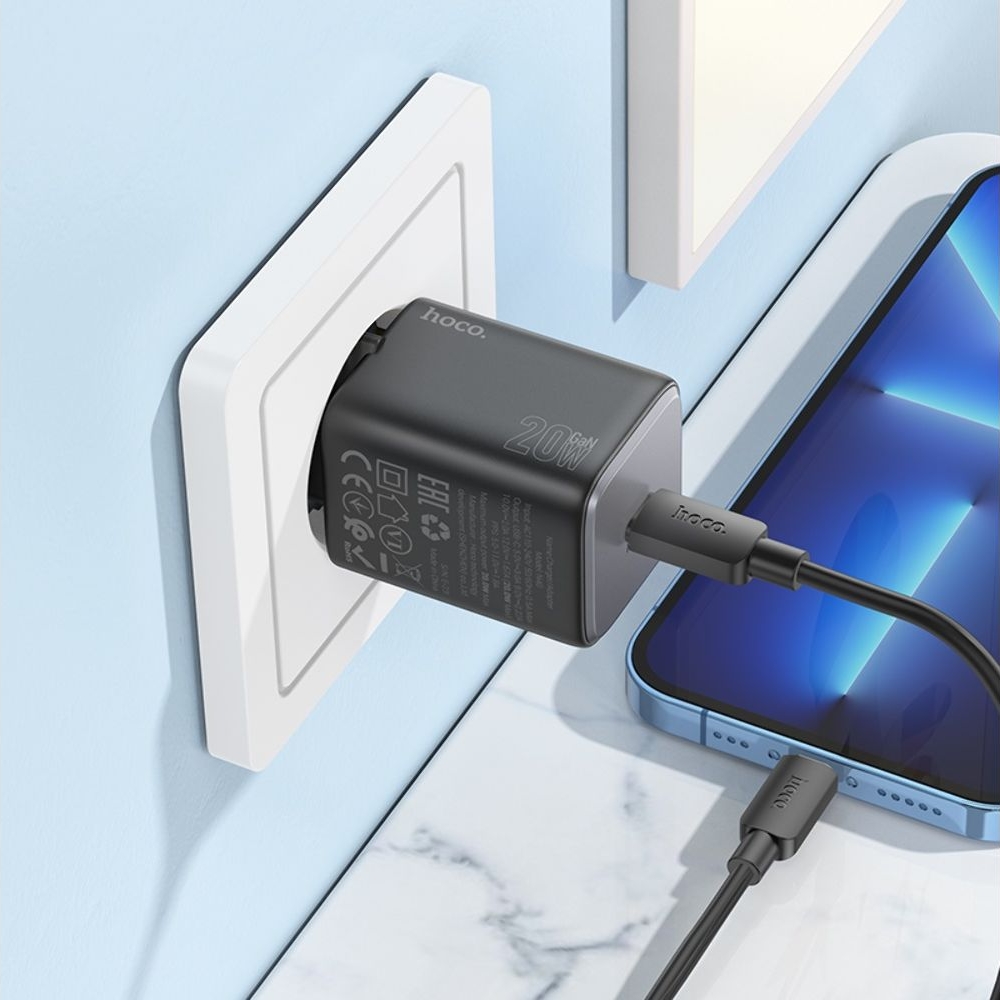 Сетевое зарядное устройство Hoco N40 Type-C Power Delivery (20 Вт), чорний + кабель Type-C на Lightning