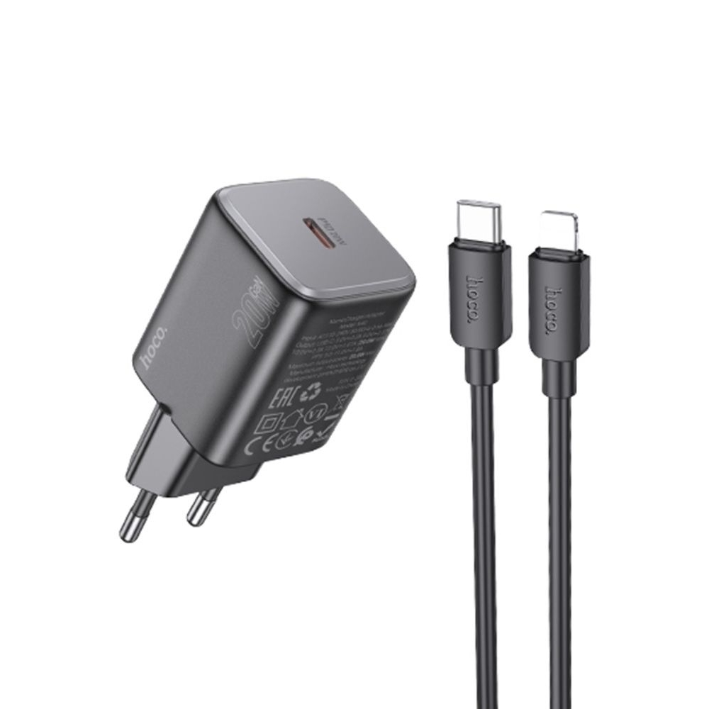 Сетевое зарядное устройство Hoco N40 Type-C Power Delivery (20 Вт), чорний + кабель Type-C на Lightning
