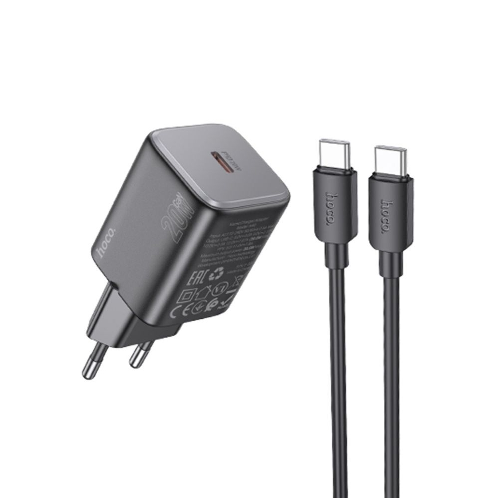Сетевое зарядное устройство Hoco N40 Type-C Power Delivery (20 Вт), чорний + кабель Type-C на Type-C