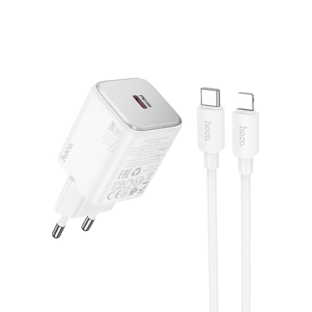 Сетевое зарядное устройство Hoco N40 Type-C Power Delivery (20 Вт), білий + кабель Type-C на Lightning