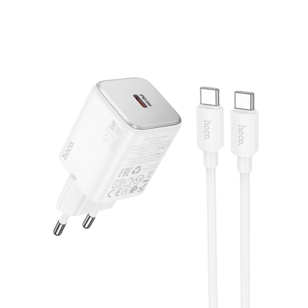 Сетевое зарядное устройство Hoco N40 Type-C Power Delivery (20 Вт), білий + кабель Type-C на Type-C