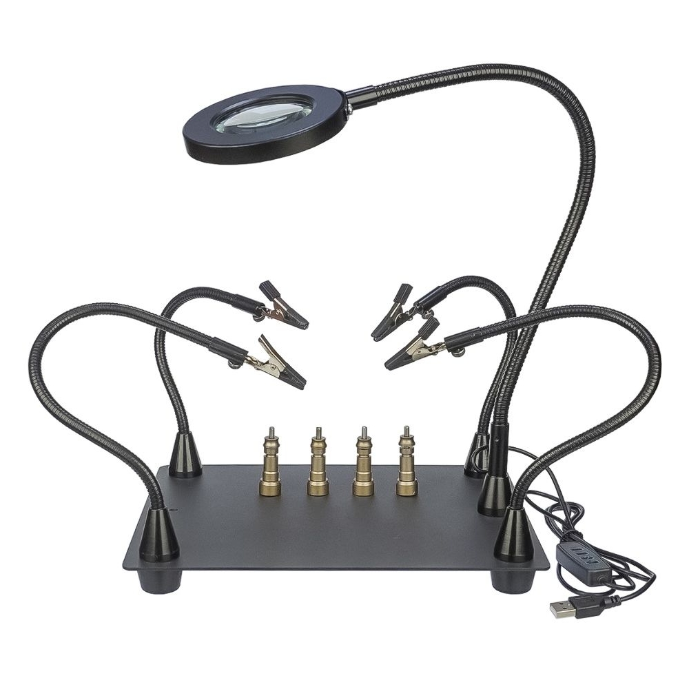 Тримач плат TE-808 с зажимами на гибгих ножках (4 шт), магнитными фиксаторами (4 шт), линзой c LED (d=62 мм, 3x) | держатель