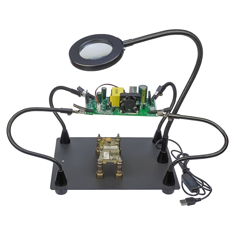 Тримач плат TE-808 с зажимами на гибгих ножках (4 шт), магнитными фиксаторами (4 шт), линзой c LED (d=62 мм, 3x) | держатель