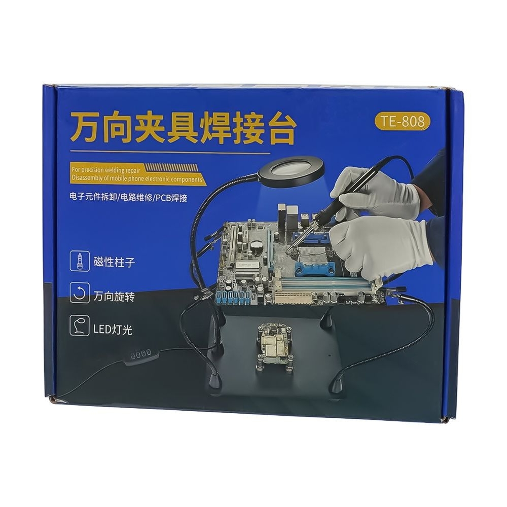 Тримач плат TE-808 с зажимами на гибгих ножках (4 шт), магнитными фиксаторами (4 шт), линзой c LED (d=62 мм, 3x) | держатель