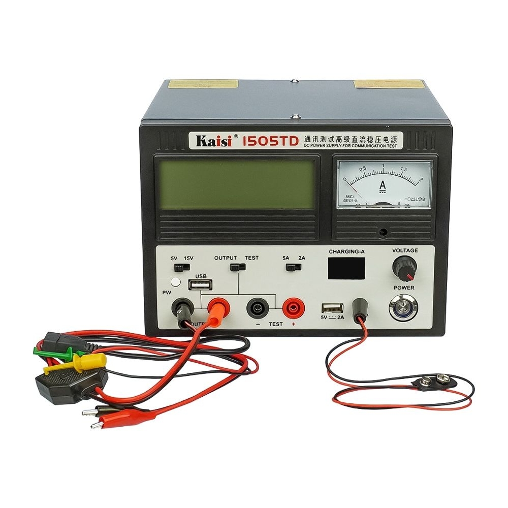 Блок питания Kaisi 1505TD 15V, 5A, цифровая/аналоговая индикация, автовосстановление после КЗ, тестер, USB 5V/2A, DC 9V