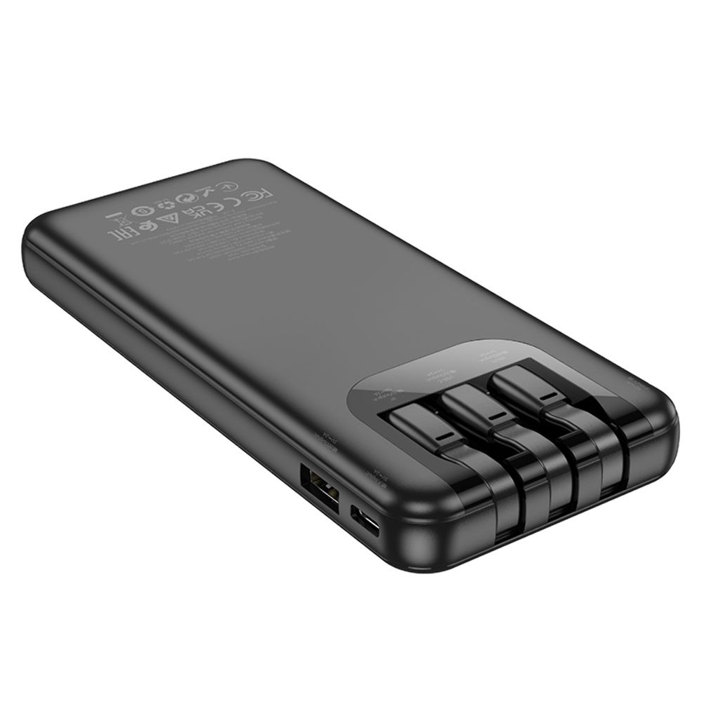 Power bank Hoco J114, 10000 mAh, с дисплеем, с кабелями 3 в 1, Type-C, Lightning, MicroUSB, чорний