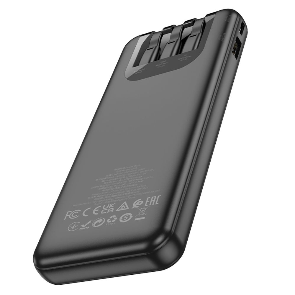 Power bank Hoco J114, 10000 mAh, с дисплеем, с кабелями 3 в 1, Type-C, Lightning, MicroUSB, чорний