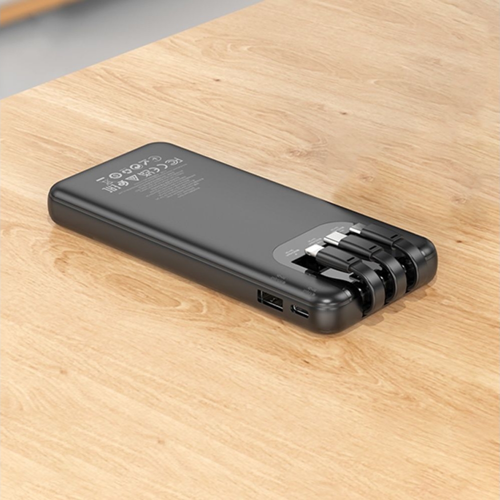 Power bank Hoco J114, 10000 mAh, с дисплеем, с кабелями 3 в 1, Type-C, Lightning, MicroUSB, чорний