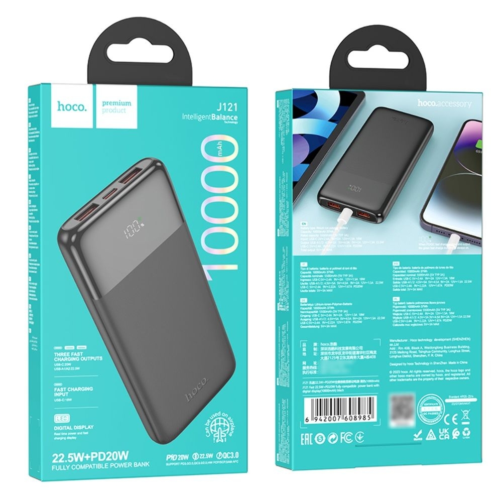 Power bank Hoco J121, 10000 mAh, 22.5 Вт Power Delivery (20 Вт), с дисплеем, чорний