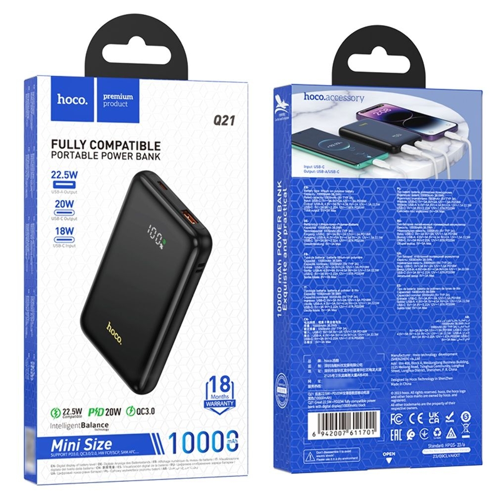 Power bank Hoco Q21, 10000 mAh, 22.5 Вт, Power Delivery (20 Вт) с дисплеем, чорний