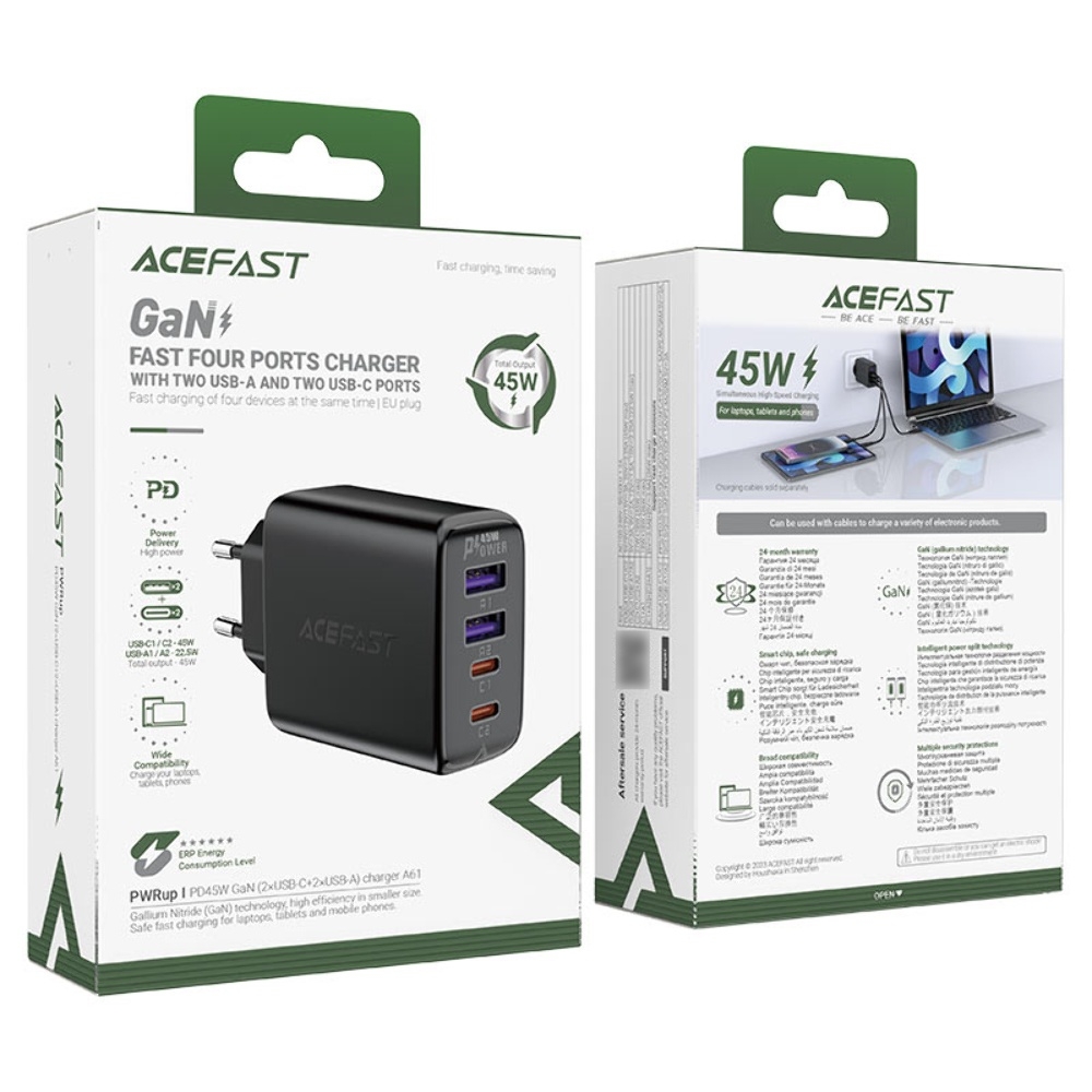 Сетевое зарядное устройство Acefast A61 2, 1 USB, 2 Type-C, Quick Charge, Power Delivery (45 Вт) черное