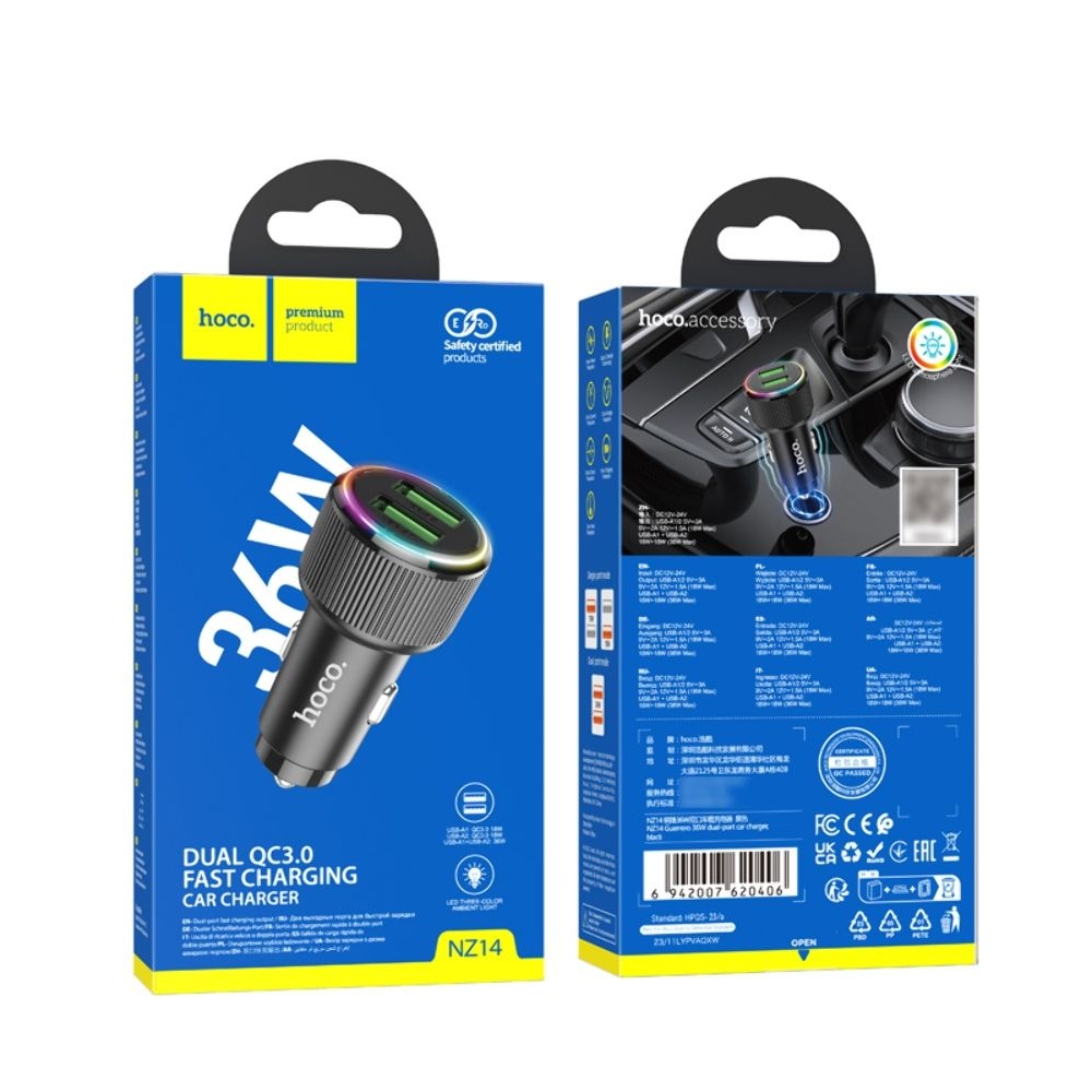 Автомобильний зарядний пристрій Hoco NZ14 2 USB PD 36W black | зарядка, зарядное устройство