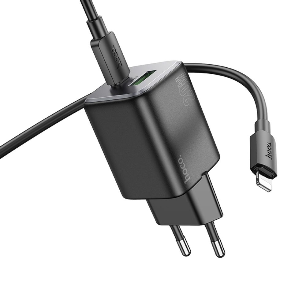 Сетевое зарядное устройство Hoco N41 USB/ Type-C PD QC black + кабель Type-C to Lightning
