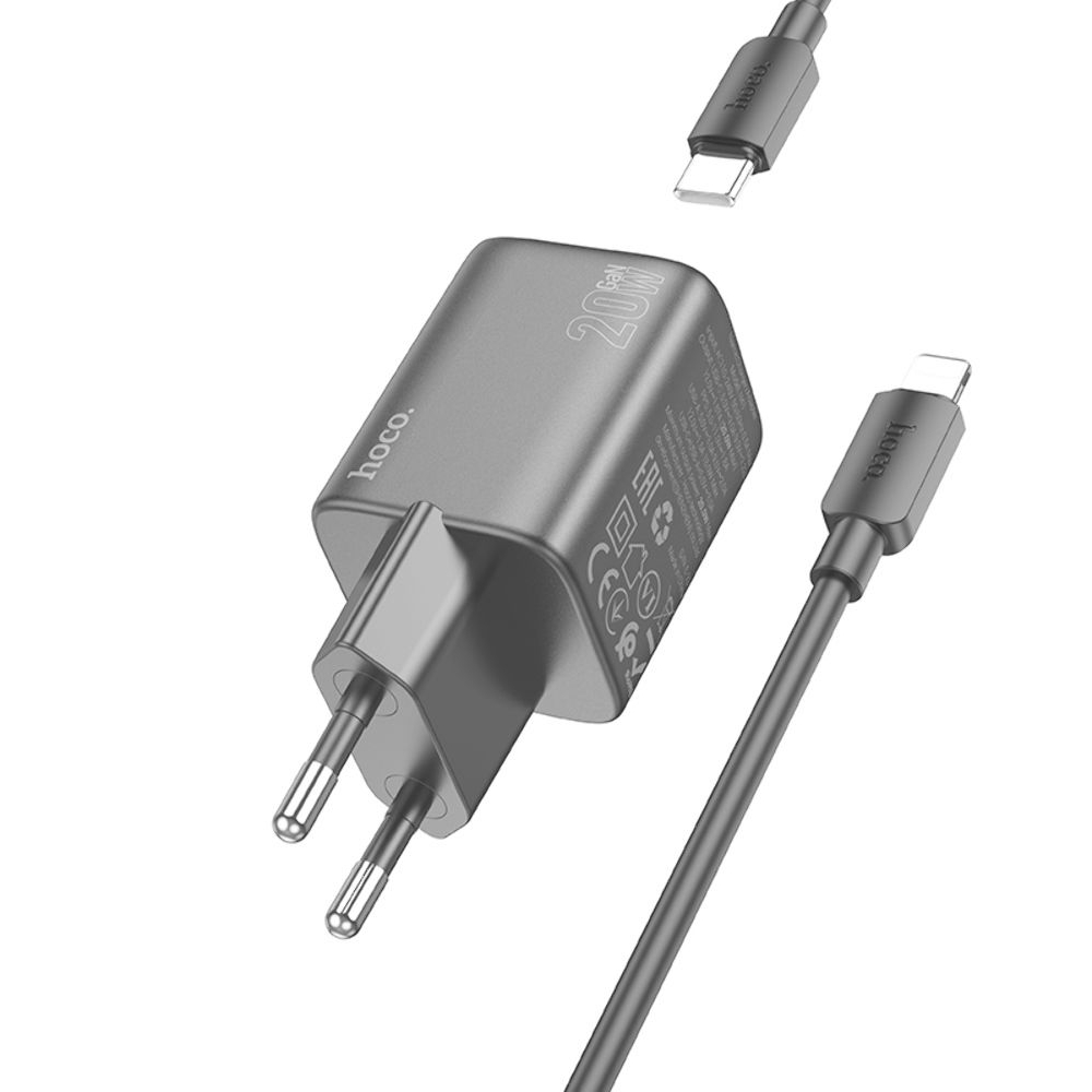 Сетевое зарядное устройство Hoco N41 USB/ Type-C PD QC black + кабель Type-C to Lightning