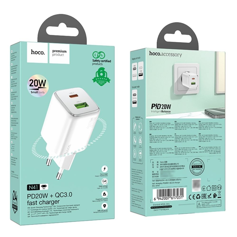 Сетевое зарядное устройство Hoco N41 USB/ Type-C PD QC white