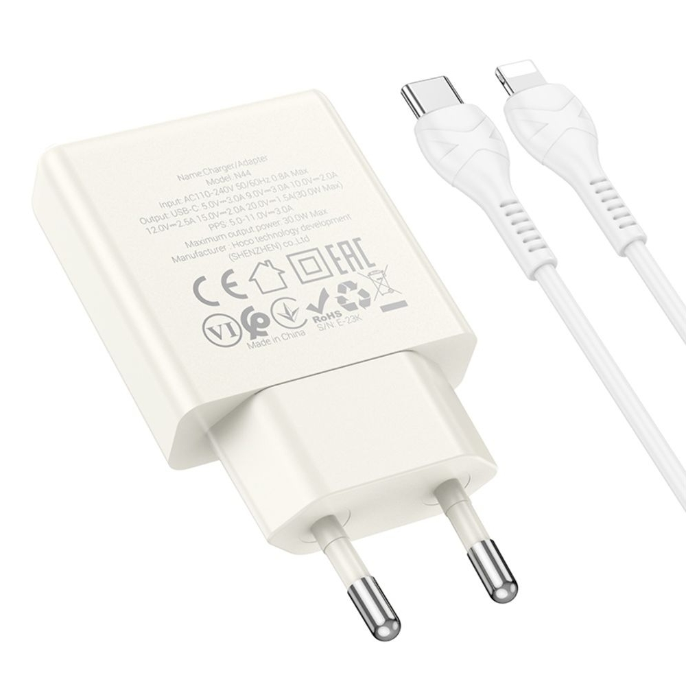 Сетевое зарядное устройство Hoco N44 Type-C PD 30W + кабель Type-C to Lightning moonlight white