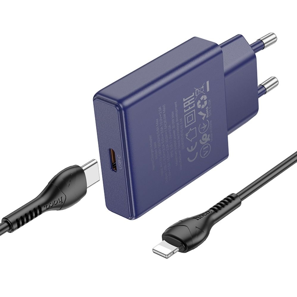Сетевое зарядное устройство Hoco N44 Type-C PD 30W + кабель Type-C to Lightning titanium blue