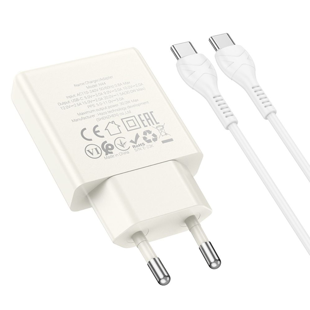 Сетевое зарядное устройство Hoco N44 Type-C PD 30W + кабель Type-C to Type-C moonlight white