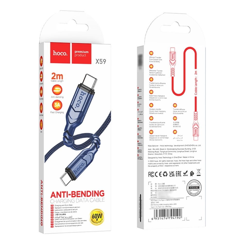 Кабель Hoco X59 Type-C to Type-C PD 60W 2m blue
