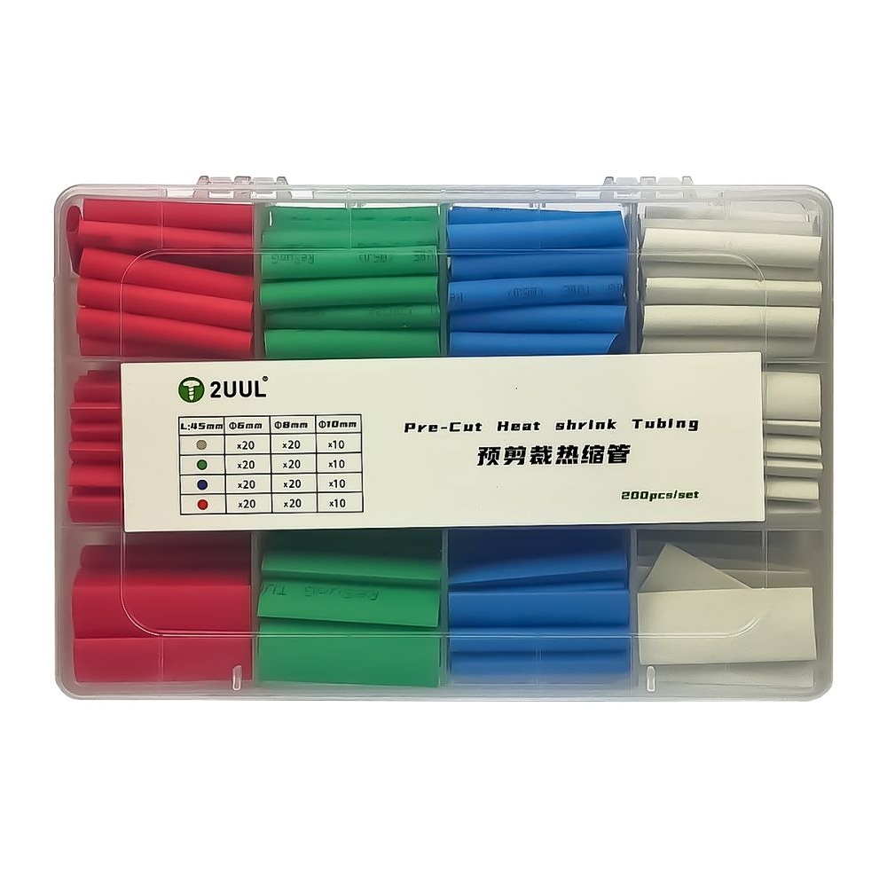 Набор термоусадочных трубок 2UUL 200 шт, 4 цвета, диаметр 6/ 8/ 10 мм в пластиковом боксе
