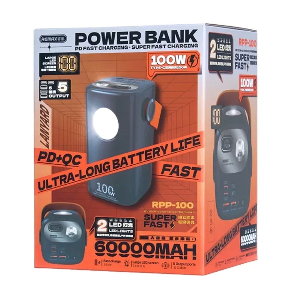 Power bank Remax RPP-100, 60000 mAh, 22.5 Вт, Power Delivery (100 Вт), Quick Charge 3.0, синій