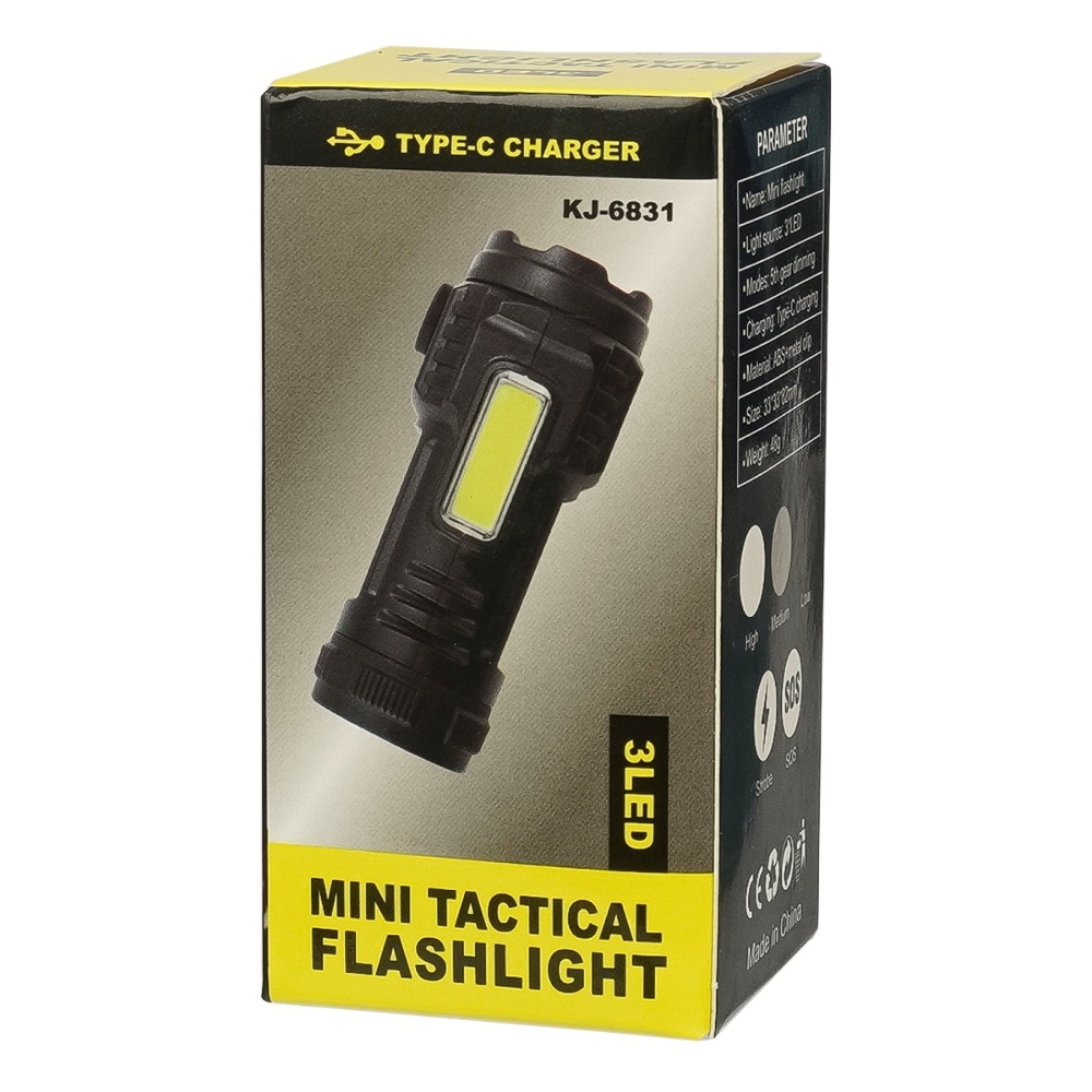 LED фонарик аккумуляторный KJ-6831 тройной 400 mAh, с дополнительной боковой подсветкой black
