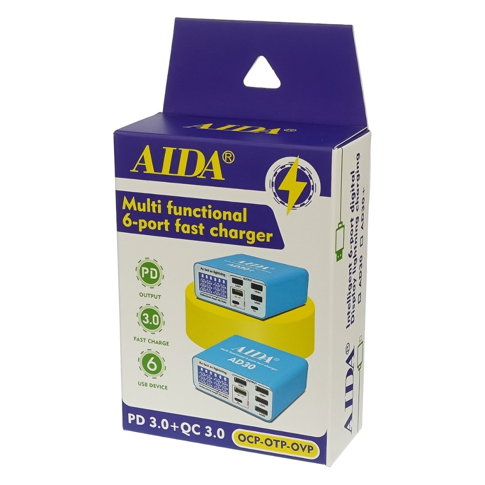 Зарядная станция с индикацией параметров зарядки Aida AD30 (5 USB/ 1 Type-C, Fast Charge 3.0, 40W)