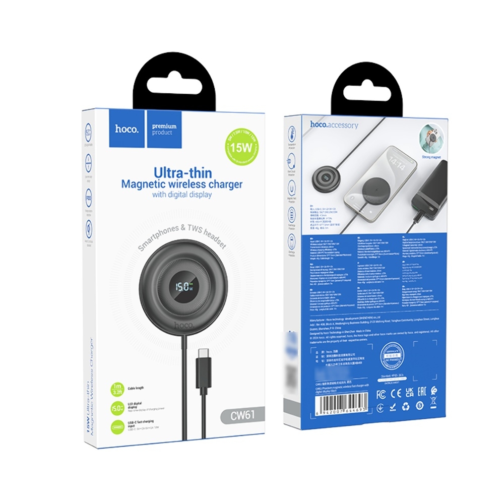 Беспроводное зарядное устройство Hoco CW61 магнитное с цифровым дисплеем black