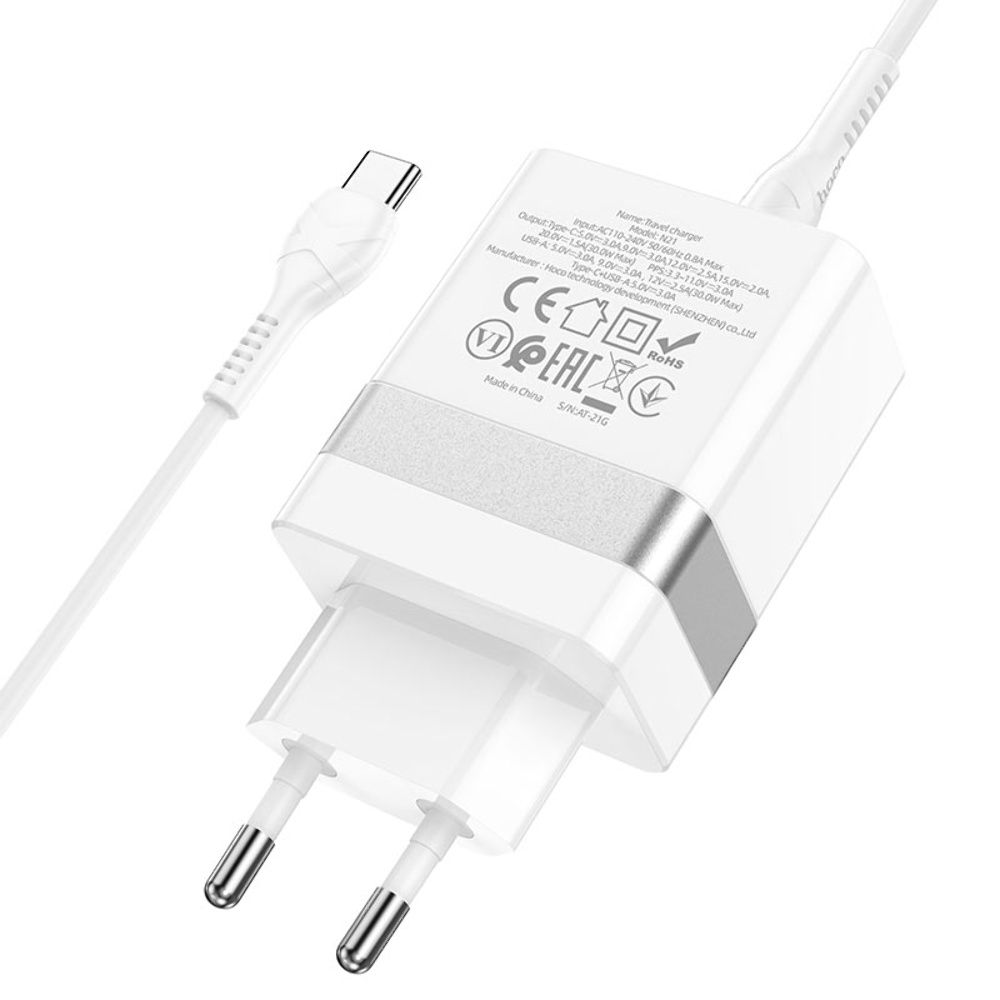 Сетевое зарядное устройство Hoco N21 PD30W+QC3.0 Type-C- Type-C белое