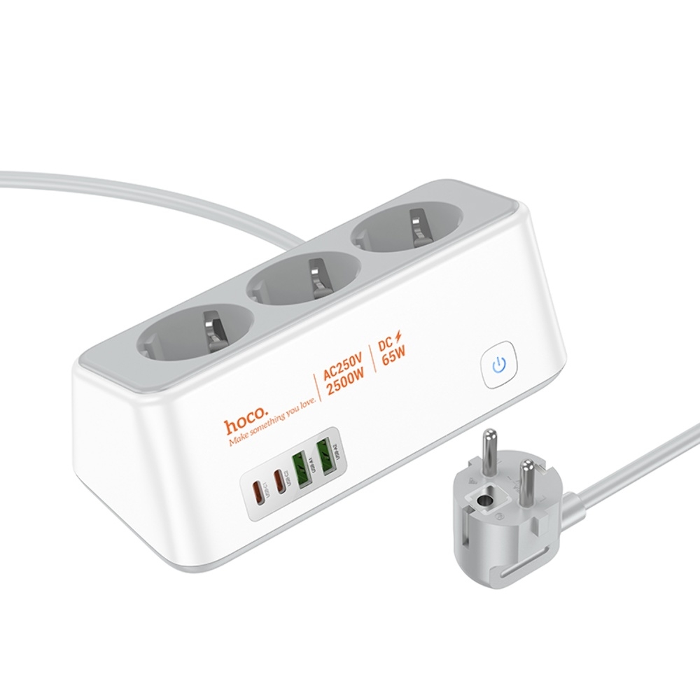 Сетевое зарядное устройство удлинитель Hoco AC23 2 USB/ 2 Type-C PD 65W 3 розетки 2m white