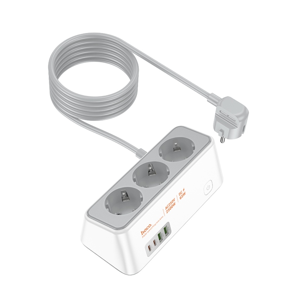 Сетевое зарядное устройство удлинитель Hoco AC23 2 USB/ 2 Type-C PD 65W 3 розетки 2m white
