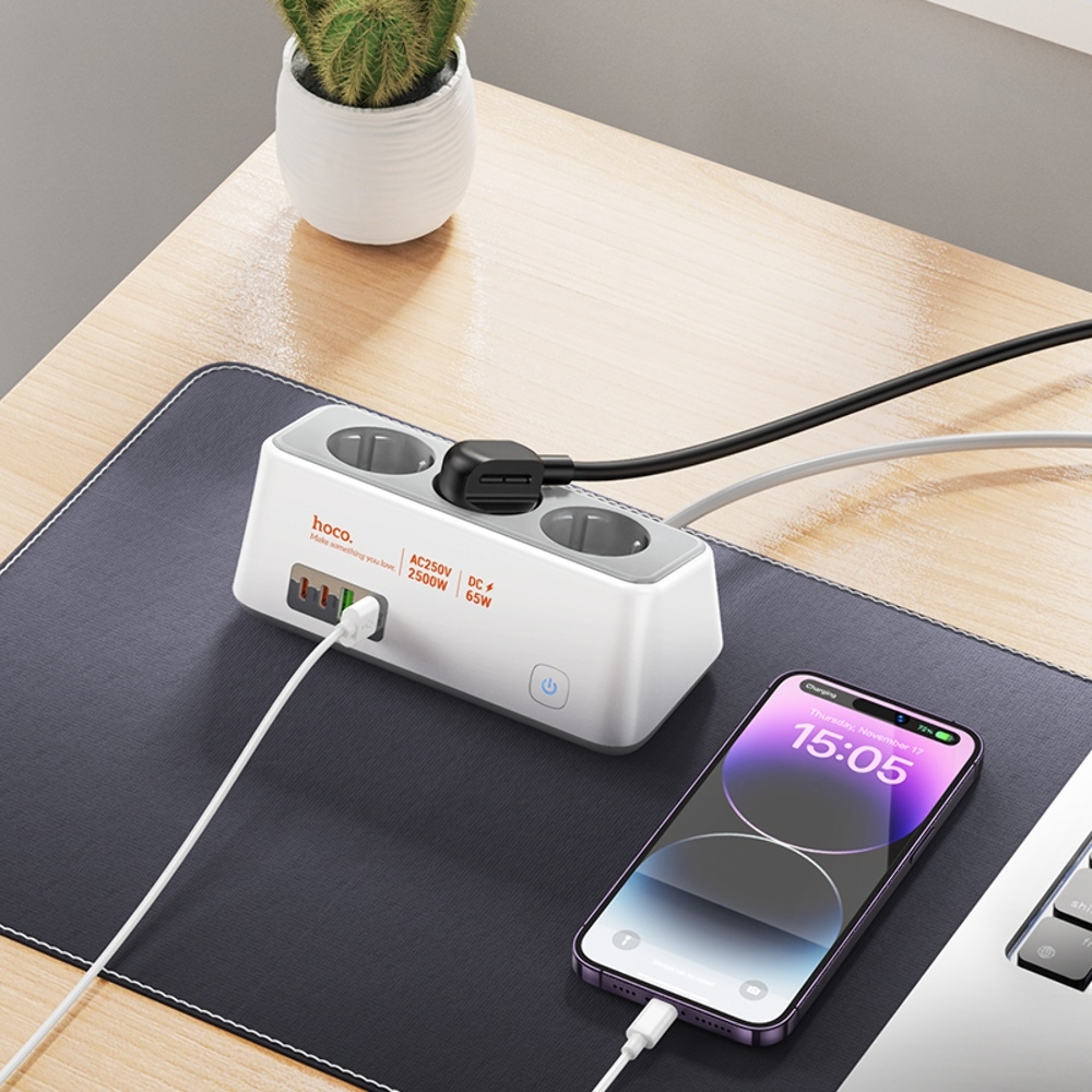 Сетевое зарядное устройство удлинитель Hoco AC23 2 USB/ 2 Type-C PD 65W 3 розетки 2m white