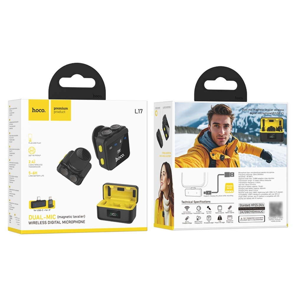Беспроводной микрофон Hoco L17 Type-C/ Lightning цифровой магнитный с двумя микрофонами black