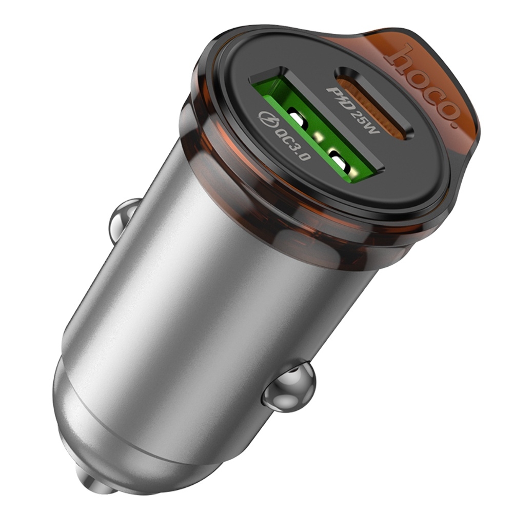 Автомобильное зарядное устройство Hoco NZ16A USB/ Type-C 43W PD QC 25W metal grey