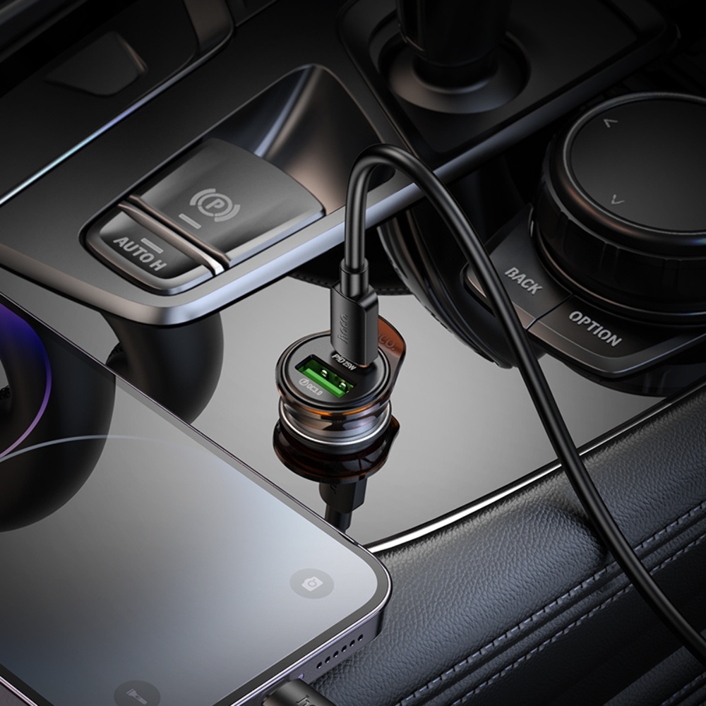 Автомобильное зарядное устройство Hoco NZ16A USB/ Type-C 43W PD QC 25W metal grey + кабель Type-C to Lightning