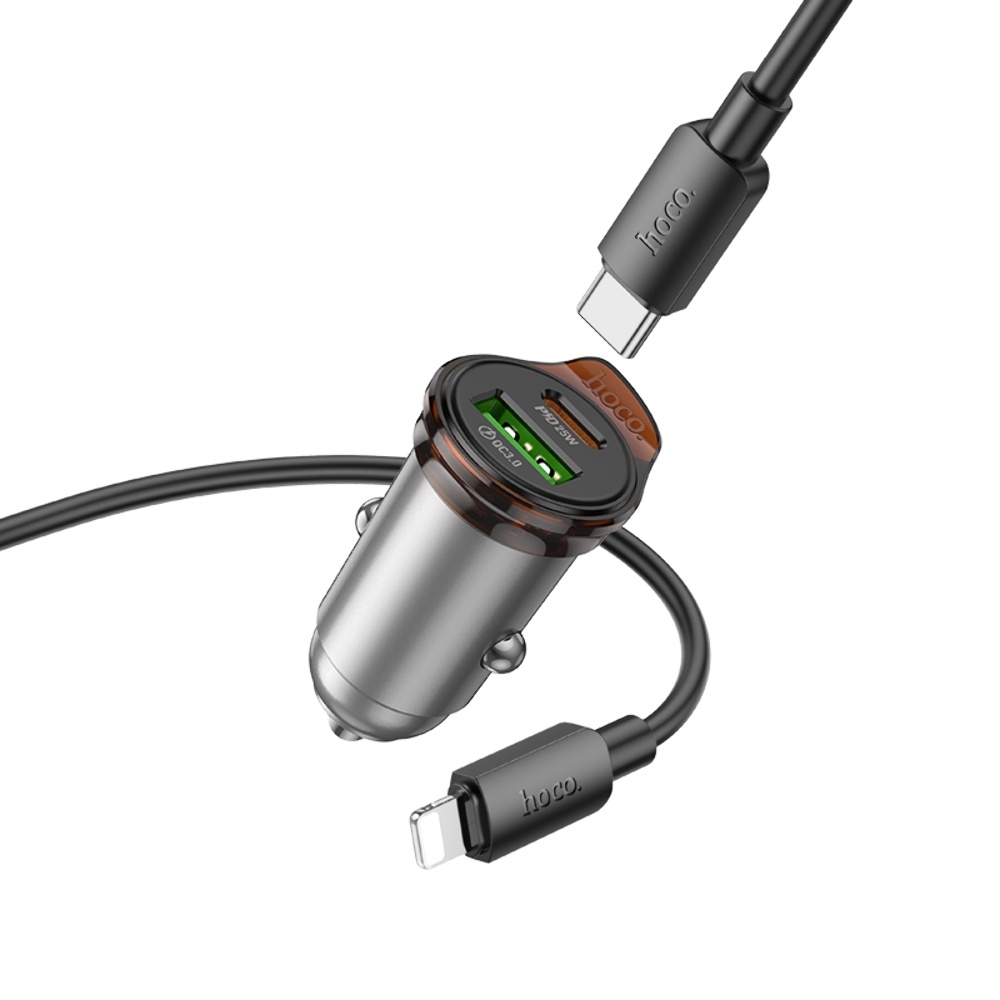 Автомобильное зарядное устройство Hoco NZ16A USB/ Type-C 43W PD QC 25W metal grey + кабель Type-C to Lightning