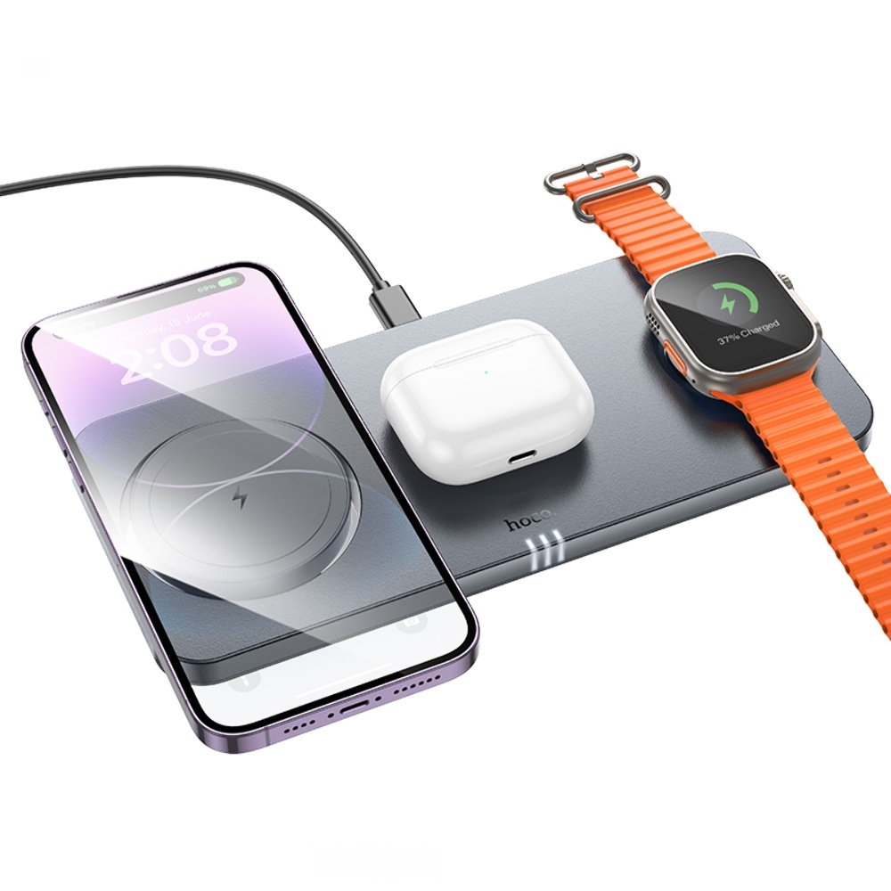 Беспроводное зарядное устройство Hoco CQ22 3в1 магнитное metal gray