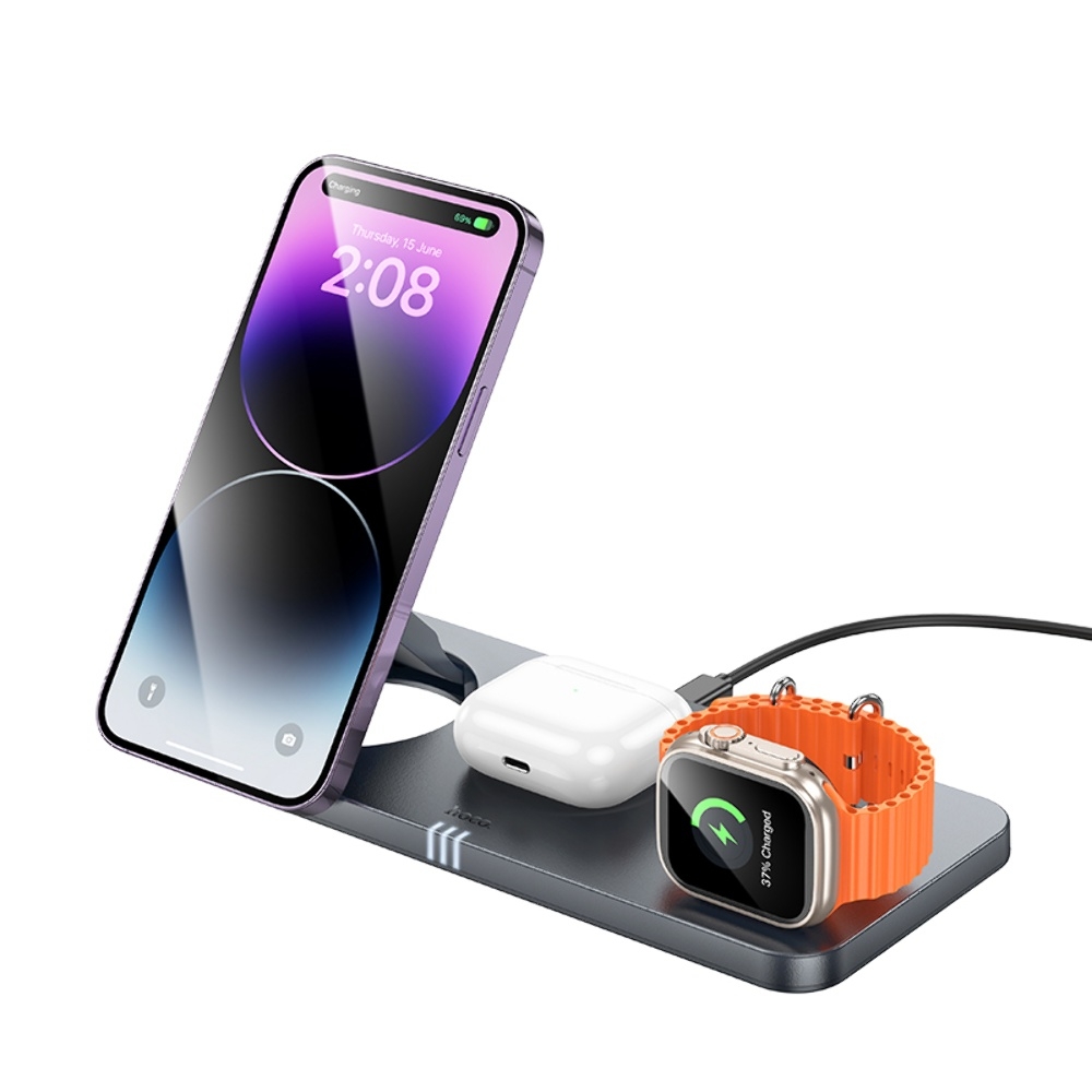 Беспроводное зарядное устройство Hoco CQ22 3в1 магнитное metal gray